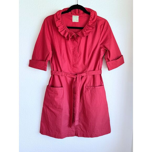 Anthropologie Little Yellow Button With a Flourish Ruffle Neck Red Shirt Dress - Picture 5 of 14